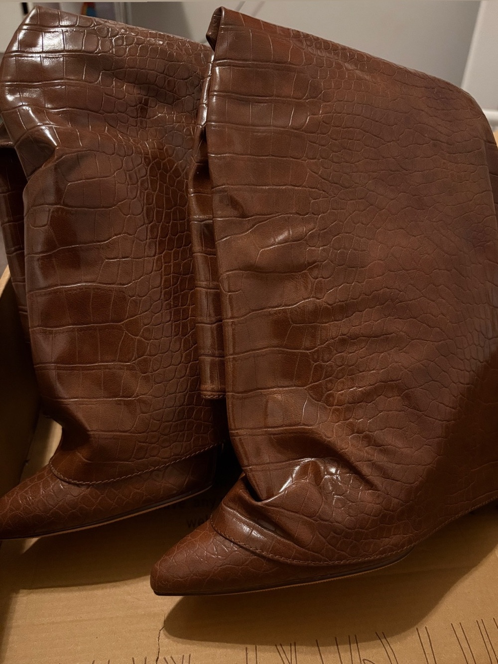 Brown Croc-Embossed Pointed Toe Boots